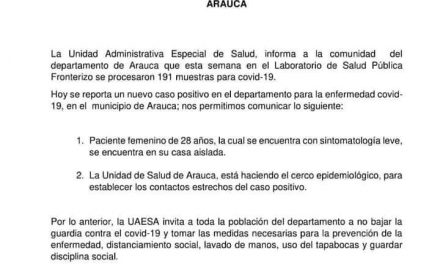 Mujer de 28 años es el nuevo caso positivo en el municipio de Arauca